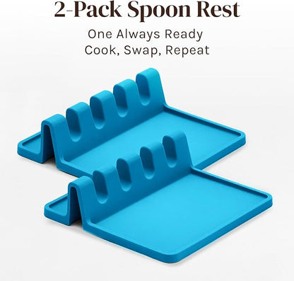 Cooler Kitchen Light Blue Silicone Spoon Rest for Stove Top with Drip Pad (Two Pack) - Heat Resistant BPA Free Utensil Rest & Spoon Holder for Kitchen Counter - Grill Utensil Holder - Spatula Holder