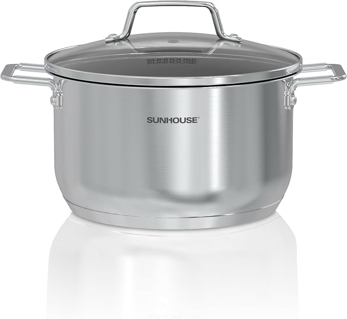 Sunhouse Stock Pot with Lid - 6.5 QT Large Pot for Cooking Pasta, Soup, Spaghetti - Ultra Thick 5-ply Base 18/8 Stainless Steel Pots for Canning, Boiling - Oven Safe & Induction Compatible Cookware