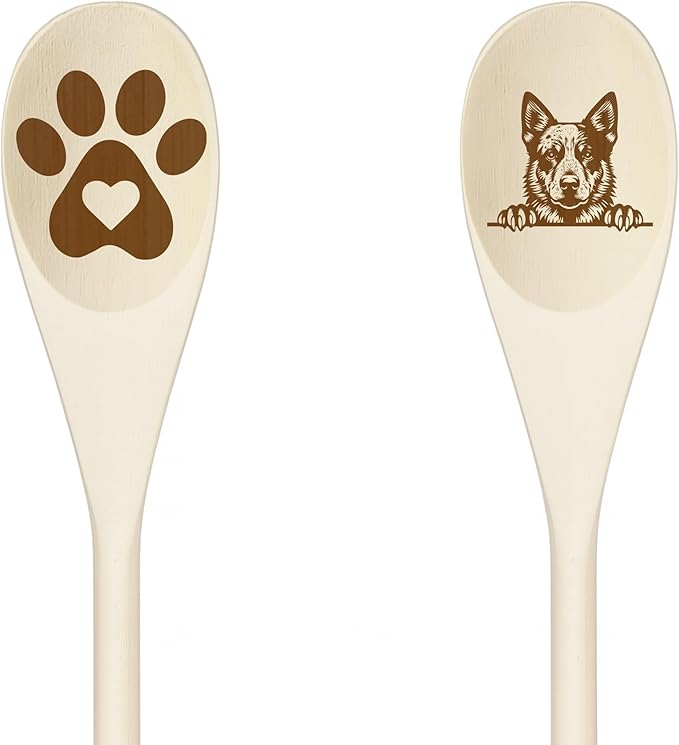 RED HEELER Wooden Spoons for Cooking, Serving or Decorative Kitchen Utensils Set Dog Lover Dog Mom/Dad Gift with Peeking Dog Designs, Paw Print and Dog Head, Kitchen Utensils Set of 2