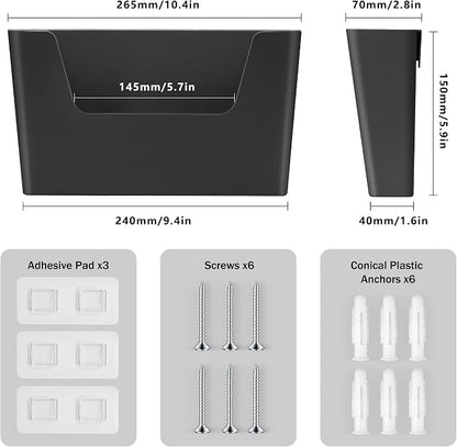 JOMOLA No Drilling File Holder 3 Pack Mail Organizer Wall Mount File Organizer Holder Office Wall Hanging Files Magazines Organizer Plastic Door Mount Wall Pocket with Adhesive Pad, Black Color