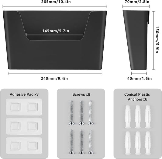 JOMOLA No Drilling File Holder 3 Pack Mail Organizer Wall Mount File Organizer Holder Office Wall Hanging Files Magazines Organizer Plastic Door Mount Wall Pocket with Adhesive Pad, Black Color