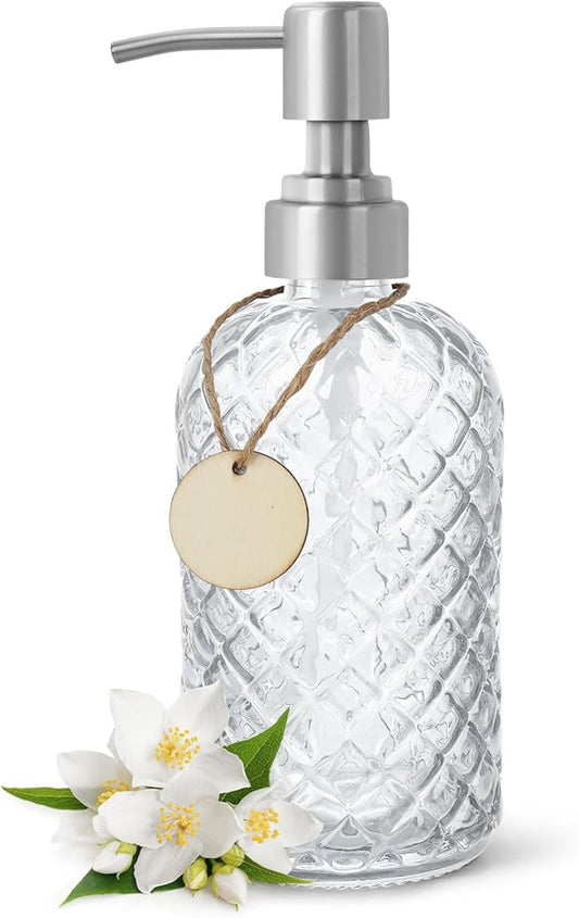 Gem-Patterned Glass Soap Dispenser with Rust Proof Stainless Steel Pump-13 oz Liquid Hand Soap Dispenser for Kitchen & Bathroom,Great for Lotions, Essential Oil, Liquid Soaps-Clear