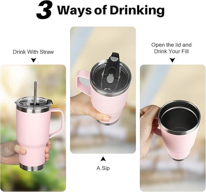 20 oz Tumbler with Handle, Stainless Steel Insulated Tumbler with Lid and Straw, Double Wall Vacuum Coffee Mug Tumbler, Insulated Coffee Thermal Cup for Cold and Hot (Pink)