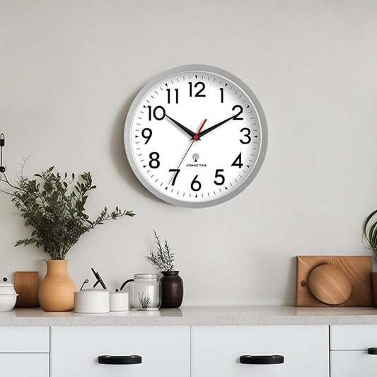 DAXSMY Atomic Wall Clock Analog 14 Inch Battery Operated Modern Decorative for Living Room Kitchen Office Bedroom Bathroom(Silver)