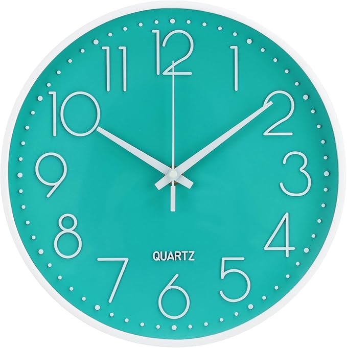 Wall Clock Non-Ticking Silent Modern Simple Style Round Decor Clock Stereoscopic Dial Quartz Wall Clocks for Home/Office/School/Living Room/Bedroom/Kitchen (Turquoise, 12inch)