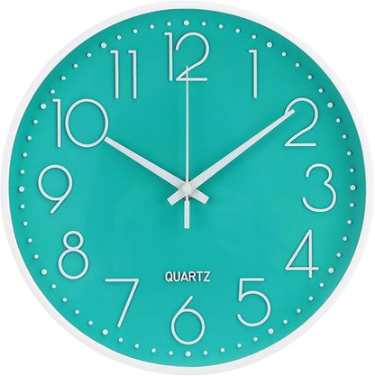 Wall Clock Non-Ticking Silent Modern Simple Style Round Decor Clock Stereoscopic Dial Quartz Wall Clocks for Home/Office/School/Living Room/Bedroom/Kitchen (Turquoise, 12inch)