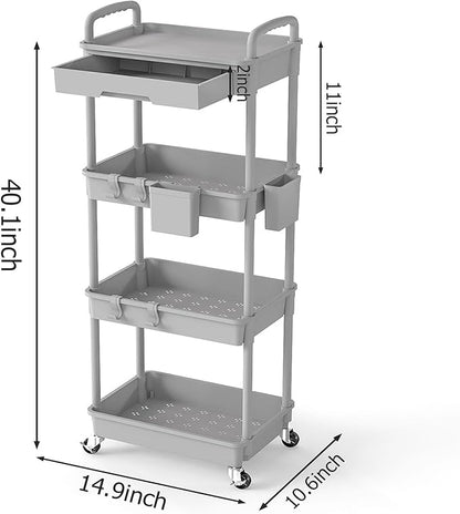 LLMRR 4 Tier Rolling Utility Cart with Drawer, Plastic Storage Organizer Rolling Carts with Wheels Handles Hanging Cups Hooks for Office, Bathroom, Kitchen,Craft Art Room (Grey)