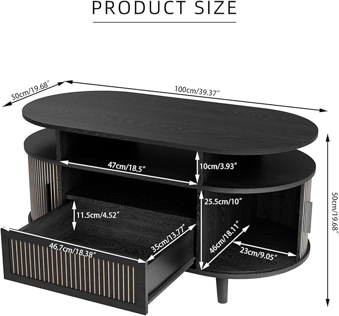 39" Fluted Coffee Table, Coffee Tables with Storage, Oval Coffee Table for Living Room, Center Table with Tambour Doors, Black Coffee Tables for Apartment, Office