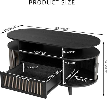 39" Fluted Coffee Table, Coffee Tables with Storage, Oval Coffee Table for Living Room, Center Table with Tambour Doors, Black Coffee Tables for Apartment, Office