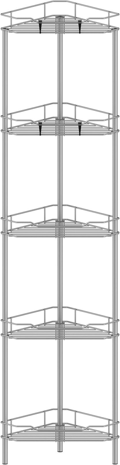 5 Tier Floor Standing Corner Shower Caddy Organizer Shelf with Hooks, Bathroom Shelves Stand Rack, Gray