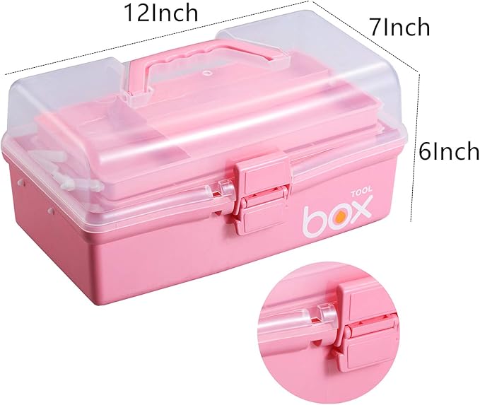 Kinsorcai 2PCS 12'' Three-Layer Clear Plastic Storage Box/Tool Box, Multipurpose Organizer and Portable Handled Storage Case for Art Craft and Cosmetic (Pink)