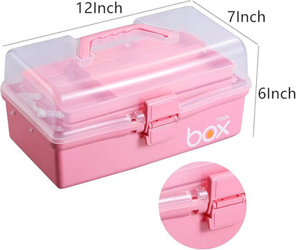 Kinsorcai 2PCS 12'' Three-Layer Clear Plastic Storage Box/Tool Box, Multipurpose Organizer and Portable Handled Storage Case for Art Craft and Cosmetic (Pink)