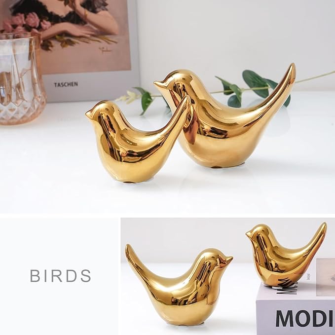 WhimWove 2 Pcs Ceramic Small Bird Figurines Modern Animal Statues for Home 、Room Decor and Bedroom Decor and Bookshelf Display (Gold)