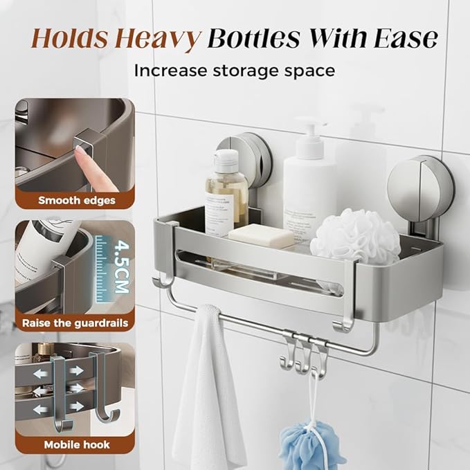 Bathroom Triangle Shelf, 2026 Upgraded Bathroom Storage Rack Corner Shower Shelves No Drilling Suction Cup Shower Organizer with Towel Bar and Hooks Removable (1, Triangular)