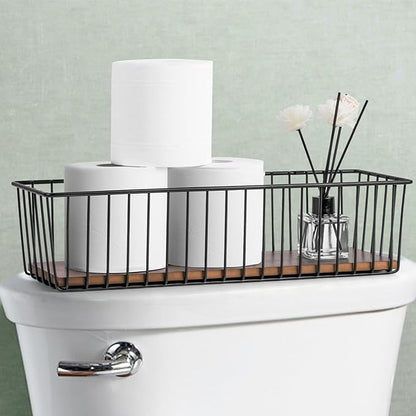 Wetheny Extra large Hanging Wire Basket with Detachable Wood Base and Steel Hooks - Farmhouse Décor Toilet Paper Basket - Wire Storage Basket for Bathroom, Kitchen, Pantry, Garage ( Pack 2 )