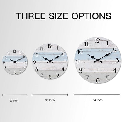 Wall Clock 10 Inch Silent Non-Ticking Coastal Beach Style Wall Clocks Battery Operated Rustic Retro Decorative for Kitchen, Bathroom, Living Room, Laundry Room(Azure Blue)