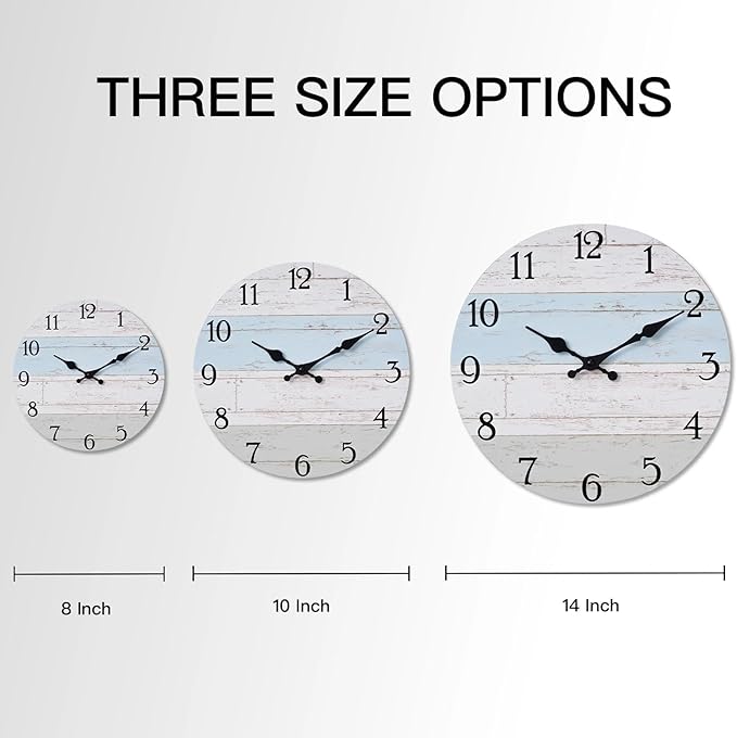 KECYET Wall Clock 14 Inch Silent Non-Ticking Coastal Beach Style Wall Clocks Battery Operated Rustic Retro Decorative for Kitchen, Bathroom, Living Room, Laundry Room(Azure Blue)
