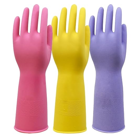 Rubber Kitchen Cleaning Gloves, Reusable Dishwashing Gloves, Non-Slip, with Flocked Liner, 3 Pairs (Pink+Yellow+Blue) (Small)