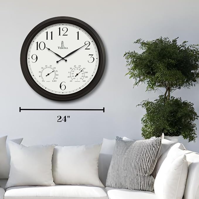 24 inch Outdoor Clocks for Patio Large Waterproof with Thermometer - Black Outdoor Wall Clock with Temperature and Humidity Combo - Weatherproof, Accurate & Easy to Read for Pool, Garden & Home Decor