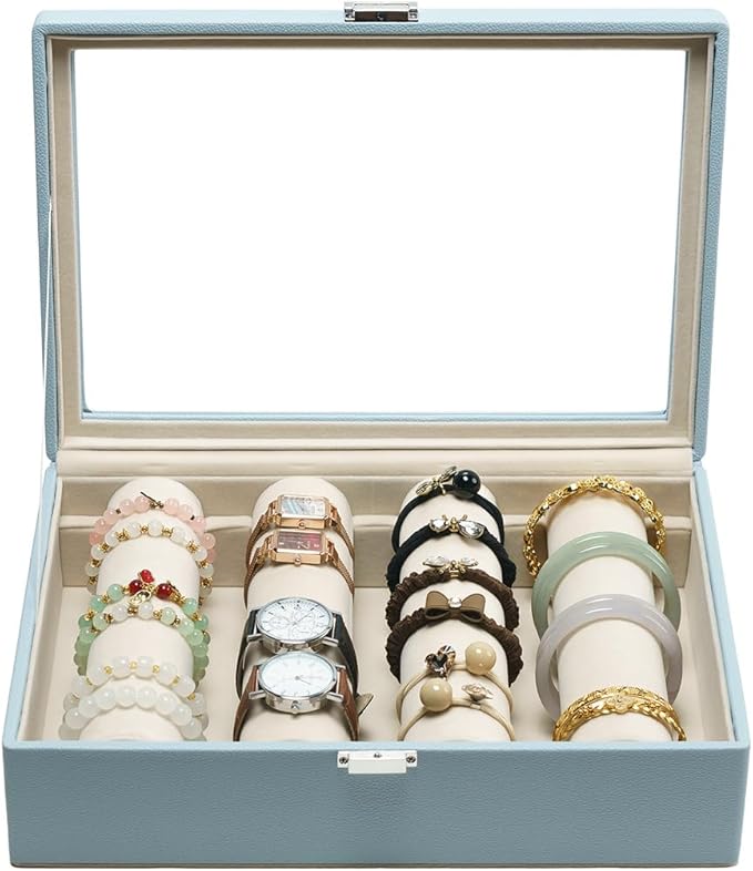 Bracelets Organizer Rods Bangles Display Holder, Clear See through Lid Leather Velvet Jewelry Storage Box Case for Women, 4 Rods Blue Leather