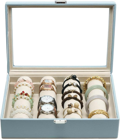 Bracelets Organizer Rods Bangles Display Holder, Clear See through Lid Leather Velvet Jewelry Storage Box Case for Women, 4 Rods Blue Leather