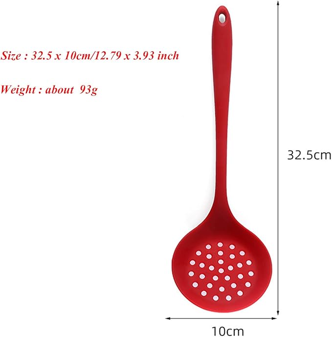 Silicone Skimmer Spoon Set 2, Non-Stick Cooking Slotted Colander Spoon Skimmer Strainer, Kitchen Sink Ladle Strainer Silicone Filter Spoon with Long Handle,Red and Black 32.5X10CM