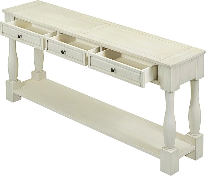 Knocbel 64 Inch Long Antique Entry Console Table with Drawers & Bottom Open Shelf, Solid Wood Sofa Couch Table for Entryway Hallway Living Room (Antique White)