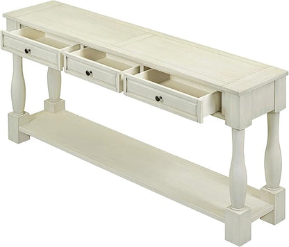 Knocbel 64 Inch Long Antique Entry Console Table with Drawers & Bottom Open Shelf, Solid Wood Sofa Couch Table for Entryway Hallway Living Room (Antique White)
