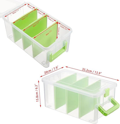 BTSKY Clear Plastic Dividing Storage Box with 4 Deep Compartments Adjustable Storage Bin with Lid Portable Craft Container Multipurpose Sewing Box Art Supply Organizer, 13.9x7.9x6.2 Inches, Green