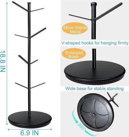 360° Rotating Mug Tree, Large 8 Hooks Upgraded Stable Metal Mug Holder, Bamboo Base Coffee Mug Cup Rack for Counter Top, Mug Display, Home Storage and Cup Organizer, Black