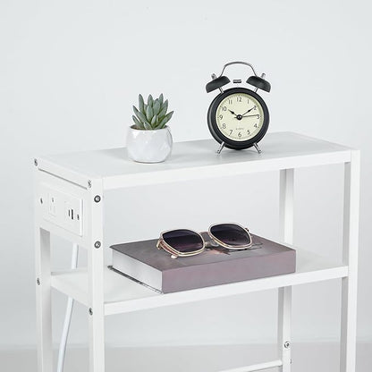 HOOBRO Small Narrow Side Table with Charging Station, Skinny End Table for Small Spaces, Slim Nightstand with USB Ports Outlet, Sofa Beside Table with Storage Shelf, White WT102UBZ01