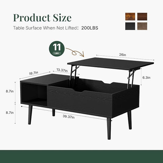 Wood Lift Top Coffee Table with Hidden Storage Compartment & Open Shelf, Multi-Functional Wooden Tabletop Dining Table for Living Room, Home Small Space