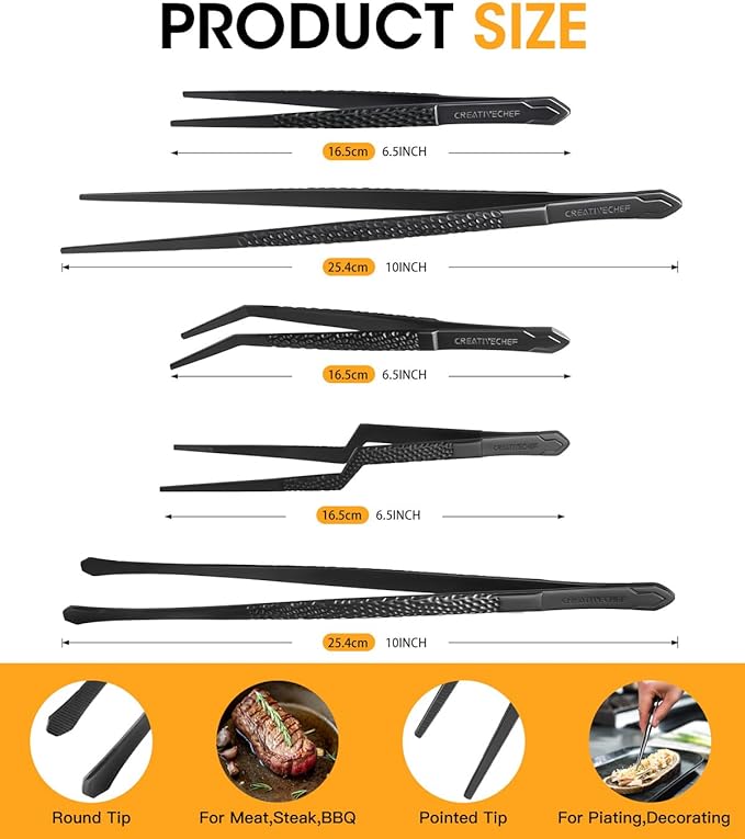 Cooking Tweezers, 5 Piece Chef's Tweezers Tongs, Chef's Plating Tool, 10 inch and 6.5 inch Food tweezers, Universal for all kinds of cooking, steak, plating, pasta and many other scenarios (5pc Set)