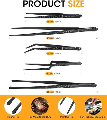 Cooking Tweezers, 5 Piece Chef's Tweezers Tongs, Chef's Plating Tool, 10 inch and 6.5 inch Food tweezers, Universal for all kinds of cooking, steak, plating, pasta and many other scenarios (5pc Set)