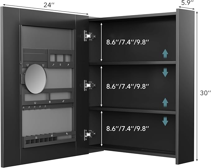 Bathroom Cabinet - Large Single Door 24x30 inchs Wall Cabinet Mirror Medicine Cabinet with Facial Tissues Slot and Multifunctional Storage Area