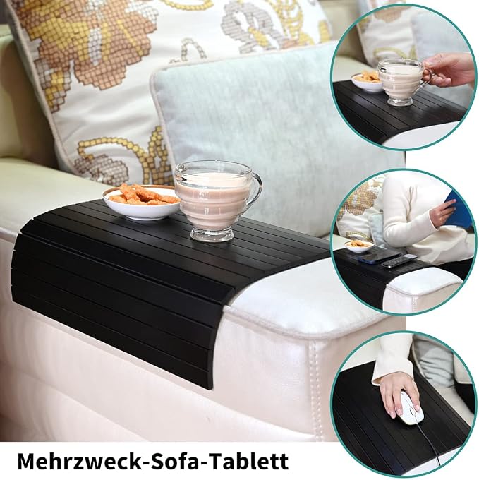 GEHE Sofa Arm Tray Table - Flexible/Foldable Couch Arm Table Perfect for Drink & Snacks (16.5" L x 13.25" W x 0.4" H, Black)