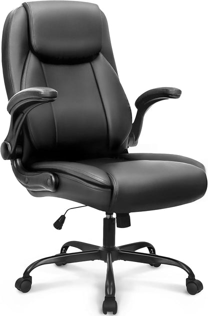 NEO Chair Ergonomic Office Chair Executive Computer Desk Chair Gaming High Back Support Comfy Seat Flip-up Arms Adjustable Height Swivel Rolling Wheels PU Leather for Home (Dark Black)