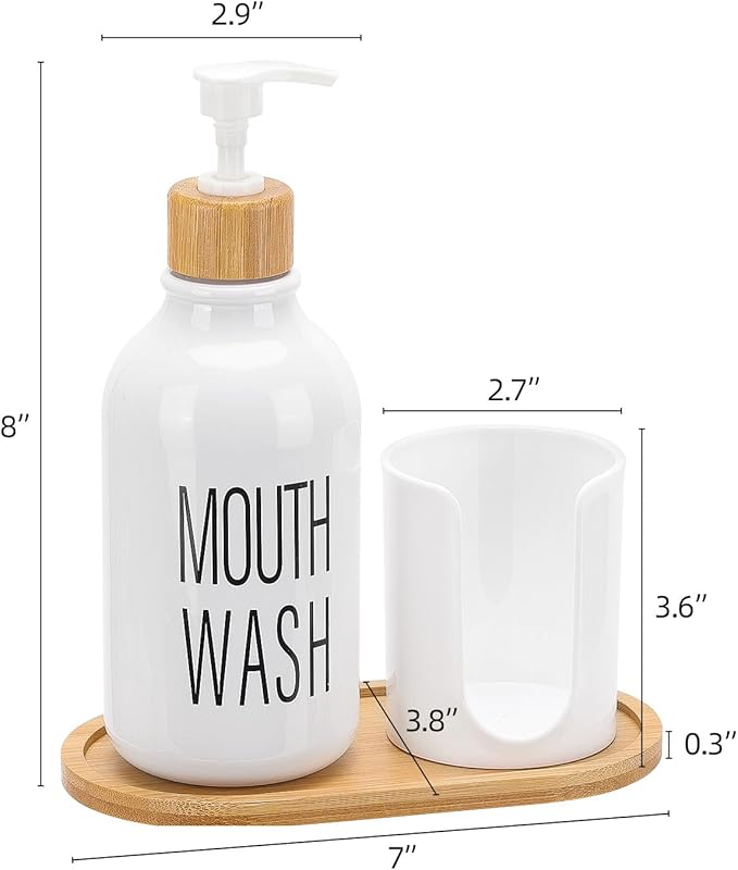 Mouthwash Dispenser with Cup Holder, Plastic White Mouth Wash Pump Bottle with Tray for Bathroom Organizers, 17oz Refillable Clear Mouthwash Container