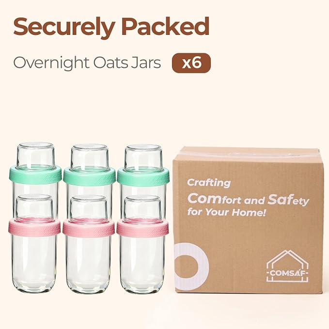 ComSaf Overnight Oats Containers with Lids (16oz+4oz, 6Pcs), Dual-Layer Chia Pudding Jars with Dry and Wet Separation, Yogurt Parfait Cups for Oatmeal Cereal Nut Fruit, Meal Prep Glass Jars for Salad