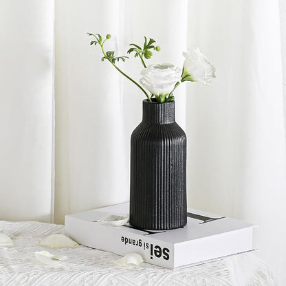 Bohemian Black Ceramic Vase - for Pampas Grass, Mantel, Bookshelf, Entryway and Living Room Decor (Black, 7in)
