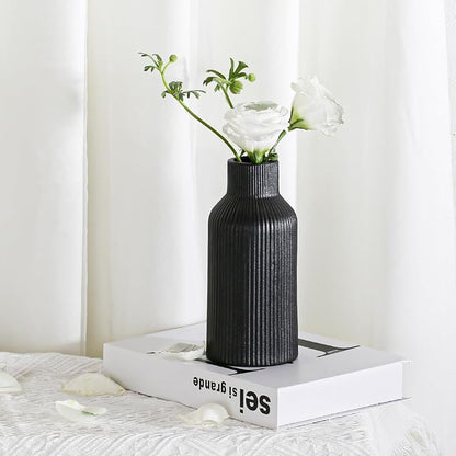 Bohemian Black Ceramic Vase - for Pampas Grass, Mantel, Bookshelf, Entryway and Living Room Decor (Black, 8in)