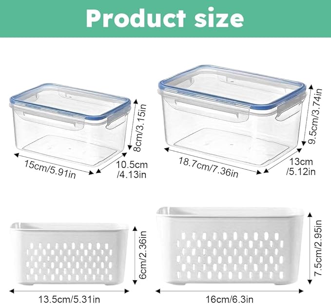 2 Pack Fruit Storage Containers for Fridge with Removable Colanders, Dishwasher & Microwave safe Produce Storage Containers with Lids Keep Fruits, Vegetables, Berry, Meat Fresh longer