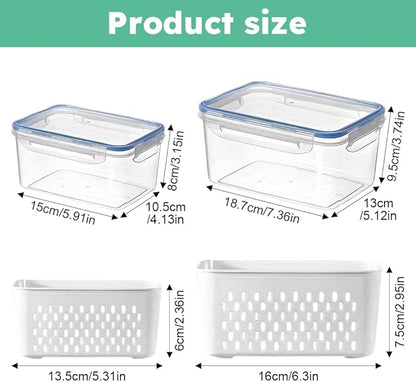 2 Pack Fruit Storage Containers for Fridge with Removable Colanders, Dishwasher & Microwave safe Produce Storage Containers with Lids Keep Fruits, Vegetables, Berry, Meat Fresh longer