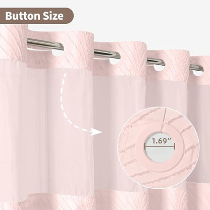 no Hook Shower Curtain and Liner Set，Boho Style with See Through Top Window, Pink Fabric Tufted Striped Textured Outer Curtain & Waterproof Inner Liner, Pink, 71Wx98H