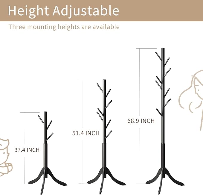 Coat Rack Freestanding, Coat Stands Entryway, Bamboo Coat Rack Hat Hanger 8 Hook for Jacket, Purse, Scarf Rack, Umbrella Tree Stand (Black)