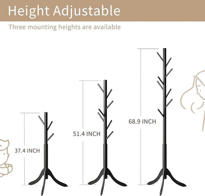 Coat Rack Freestanding, Coat Stands Entryway, Bamboo Coat Rack Hat Hanger 8 Hook for Jacket, Purse, Scarf Rack, Umbrella Tree Stand (Black)