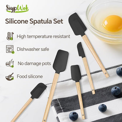 5 Pcs Silicone Spatula Set,Food Grade Silicone Spatula Nonstick Rubber Spatulas with Wooden Ergonomic Grip,Spoonula,Jar Scraper for Cooking,Baking,Mixing,Frosting-Heat Resistant Up to 428°F(Black)