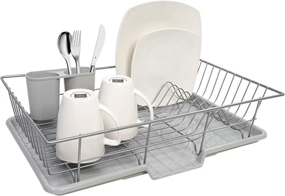 Sweet Home Collection 3 Piece Dish Drainer Rack Set, 12" x 19" x 5", Silver