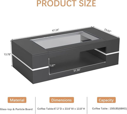 HedoAjim 47.2" Modern Stylish Coffee Table with Glass Table Top, Large Living Room Table Rectangular 2-Tier Center Tables with Storage, Wooden Cocktail Tea Tables for Dining Reception Room, Black