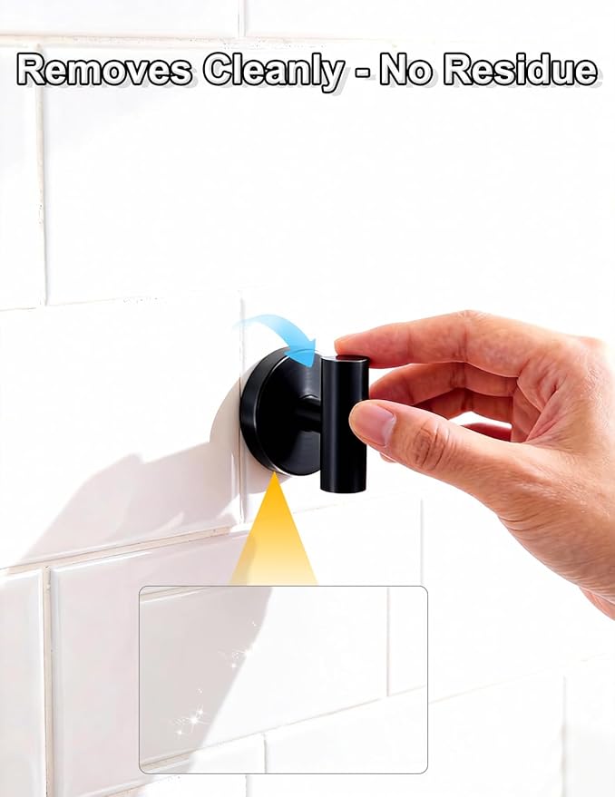 4-Pack Suction Cup Hooks, Heavy Duty 11lb Capacity Shower Hooks for Towels, No-Drill Mounting on Bathroom Glass Mirror Tiles & Smooth Non-Porous Surfaces (Black)